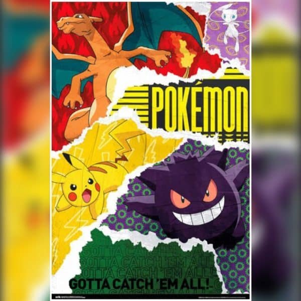 Poster Pokémon : Dracaufeu, Ectoplasma, Pikachu et Mew